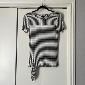 Talbots Petite Black White Striped Ribbed Knit Side Tie Boat Neck Top Size P